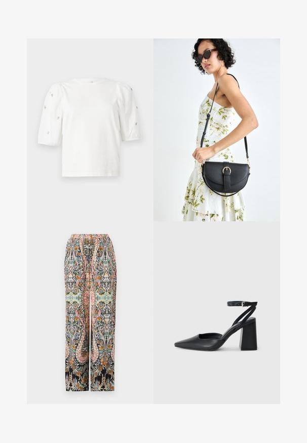 White cotton t-shirt with short puff sleeves, featuring small silver embellishments along the sleeves. Classic round neckline, relaxed fit.; Wide-leg trousers featuring a colorful floral paisley pattern on a black background, with an elastic waistband and a relaxed fit.; Black leather pointy-toe pump with an ankle strap and a chunky heel. Flat texture, sleek design, and minimalistic aesthetics.; Black leather handbag with a curved shape, detachable strap, and gold hardware. The bag features a flap with a buckle detail.