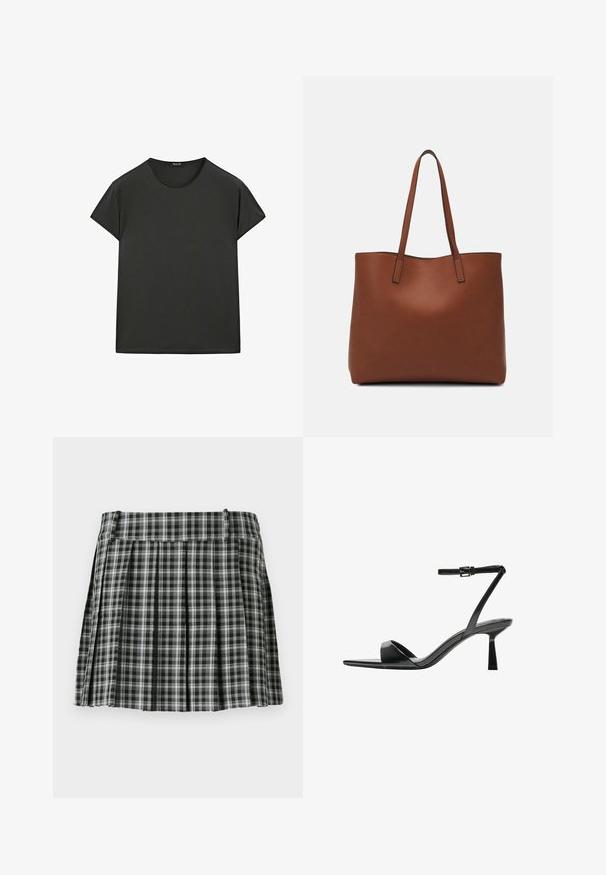Schwarzes T-Shirt mit kurzen Ärmeln aus weichem Stoff, mit Rundhalsausschnitt und lockerer Passform, in klaren, einfachen Linien und ohne Muster.; Schwarz-weißer karierter, gefalteter Rock mit einem glatten Bund und mehreren vertikalen Falten. Aus leichtem Stoff gefertigt.; Bershka High Heel Sandalette - black; Braune Leder-Tote mit glatter Textur, offenem Oberteil und zwei Schulterriemen. Verfügt über minimale Nähte und keine sichtbaren Beschläge.