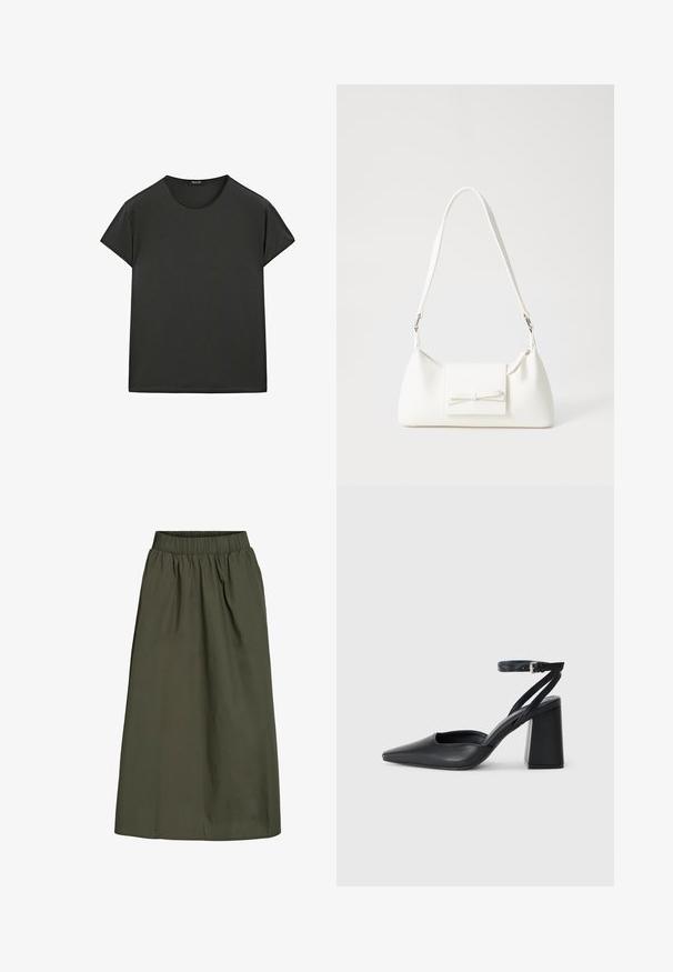 Czarna koszulka z krótkim rękawem, wykonana z miękkiego materiału, z okrągłym dekoltem i luźnym krojem, o czystych, prostych liniach i bez wzorów.; Oliwkowa spódnica sięgająca kostek, z elastycznym marszczonym pasem i gładkim, lekko pomarszczonym teksturem materiału.; Czarne skórzane czółenka z ostrym noskiem, z paskiem na kostce i grubym obcasem. Gładka faktura, elegancki design i minimalistyczna estetyka.; Biała syntetyczna torba o trójkątnym kształcie, płaskim przednim klapce i detalach w postaci kokardy, regulowanym pasku, gładkiej fakturze oraz minimalistycznym designie.