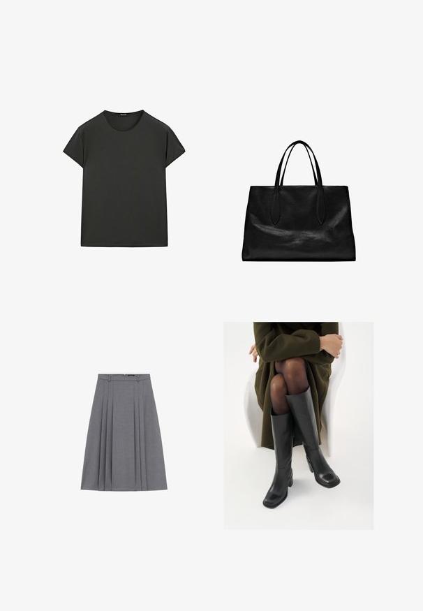 T-shirt nera a maniche corte realizzata in tessuto morbido, con scollo rotondo e vestibilità rilassata, caratterizzata da linee pulite e semplici, senza fantasie.; Caroll ROCK JASPER - Gonna a campana - gris fonce; Stivali neri in pelle alti fino al ginocchio con punta squadrata e tacco a blocco, mostrati con un modello seduto in un cappotto verde oliva. Texture liscia, dettagli minimi.; Borsa tote in pelle nera con due manici allungati, forma strutturata, texture liscia e design minimalista. Nessun metallo visibile o accenti.