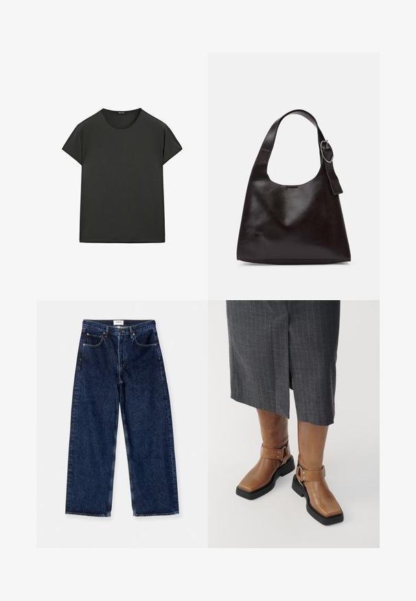 Schwarzes T-Shirt mit kurzen Ärmeln aus weichem Stoff, mit Rundhalsausschnitt und lockerer Passform, in klaren, einfachen Linien und ohne Muster.; Dunkelblaue Jeans im weit geschnittenen Stil mit hoher Taille, Fronttaschen und einer glatten Textur mit dezenten Nähten.; Braune Lederknief boots mit quadratischer Spitze, schwarzem Gummisohle und verstellbarem Riemen mit Schnalle. Tragen mit einem grauen Nadelstreifenrock.; Braune Lederumhängetasche mit glatter Textur, runder Form, breitem Tragegurt und metallischem, kreisförmigem Akzent am Griff.