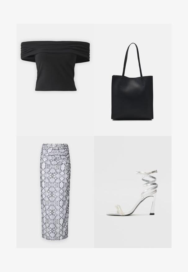 Schwarzes Off-Shoulder-Oberteil mit geraffter Textur am Ausschnitt, kurzen Ärmeln und einem figurnahen, cropped Design. Hergestellt aus dehnbarem Material.; Schwarzer und weißer Midi-Rock mit taillierter Silhouette und gerafftem Textur an den Seiten. Glatte Stoffoberfläche.; Silberne High-Heel-Sandale mit einem glänzenden Riemen-Design, das einen perlenähnlichen Akzent und einen spiralförmigen Knöchelriemen für einen sicheren Sitz bietet.; Schwarze Laptoptasche aus Leder mit glatter Textur, rechteckiger Form und zwei langen Griffen. Keine sichtbaren Beschläge oder Verzierungen.; Silberne herzförmige Ohrringe mit facettierten klaren Steinen und einem strukturierten Rahmen. Das Set umfasst Stecker- und Anhänger-Stile.