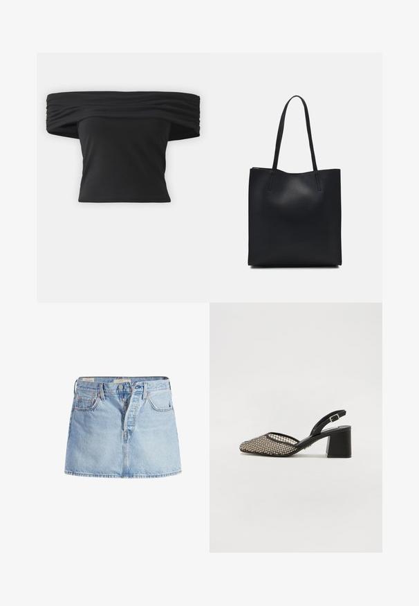 Melna blūze ar noslīpētu plecu daļu, ar savilkta tekstūra ap kaklu, īsām piedurknēm un pielāgotu, īsu dizainu. Izgatavota no elastīga materiāla.; Gaiš zilas džinsu svārki ar pieguļošu jostas līniju, piecu kabatu dizainu, priekšējo pogu aizdari un vieglu izbalēšanu auduma virsmā.; Augstpapēžu siksnītes ar melnu sietu augšdaļu un metalizētām akcentiem, kvadrātveida purngala dizains un masīla papēdis.; Melnas ādas somiņa ar gludu tekstūru, taisnstūra formu un divām garām rokturiem. Nav redzamu aparatūras vai rotājumu.