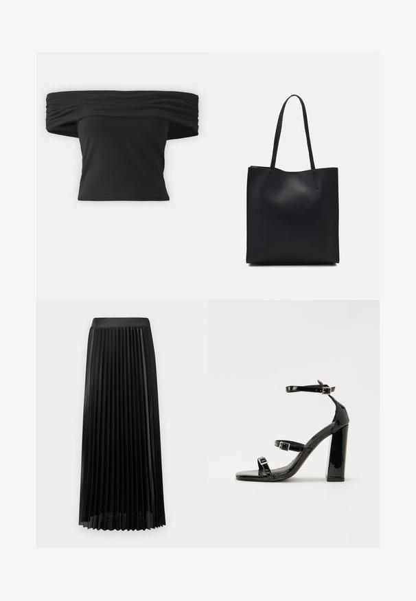 Fekete, vállon túl viselhető felső, a nyakrésznél redőzött textúrával, rövid ruhaujjakkal és fitted cropped fazonnal. Rugalmas anyagból készült.; Hajtatott fekete szoknya sima derékkal, könnyű anyagból készült. Éles, függőleges hüvelykujjakkal és középhosszúságú kialakítással rendelkezik.; Fekete lakk magas sarkú szandál négyzet alakú orral, bokapántokkal és ezüst csatokat tartalmaz. Masszív blokk sarka a stabilitásért felel.; Fekete bőrtáska sima felszínnel, téglalap alakú, két hosszú füllel. Nincs látható fémkiegészítő vagy díszítés.