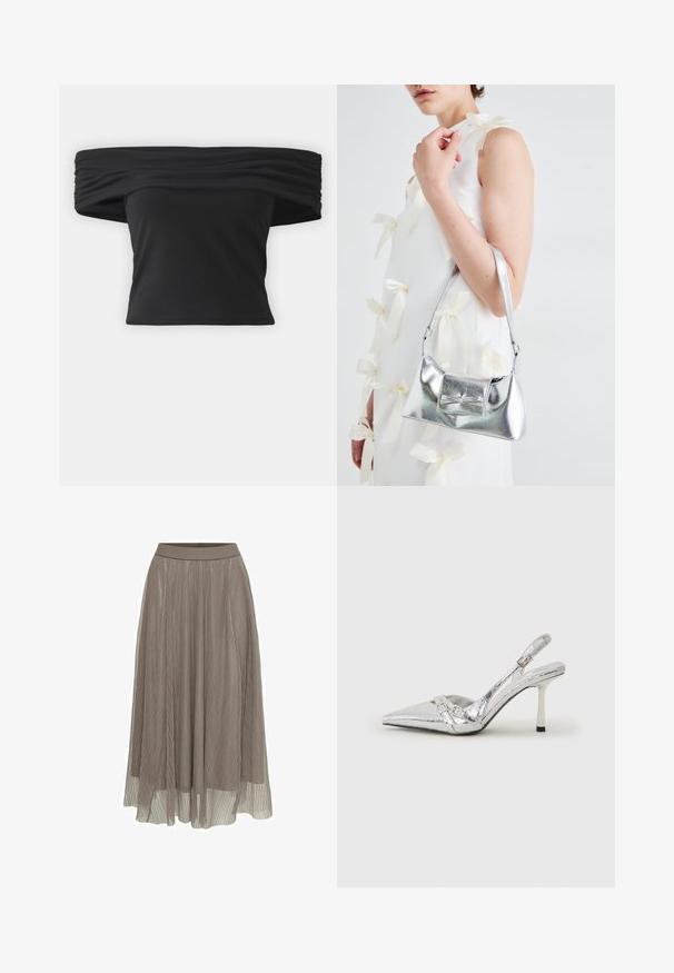 Čierny top s odhalenými ramenami, so zhlukovanou textúrou na výstrihu, krátkymi rukávmi a priliehavým skráteným strihom. Vyrobený z elastického materiálu.; Záhybová maxi sukňa v taupe farbe, so hladkým pásom a splývavým strihom. Vyrobená z ľahkého, priesvitného materiálu s jemnou textúrou.; Strieborné slingback lodičky na vysokom opätku s špicatou špičkou, metalickým povrchom, dvoma dekoratívnymi pruhmi a štíhlym opätkom s čiernym hrotom.; Strieborná metalická kabelka so štruktúrovaným tvarom, ktorá má hornú rukoväť a mašľu na prednej strane. Hladká textúra, reflexný povrch.