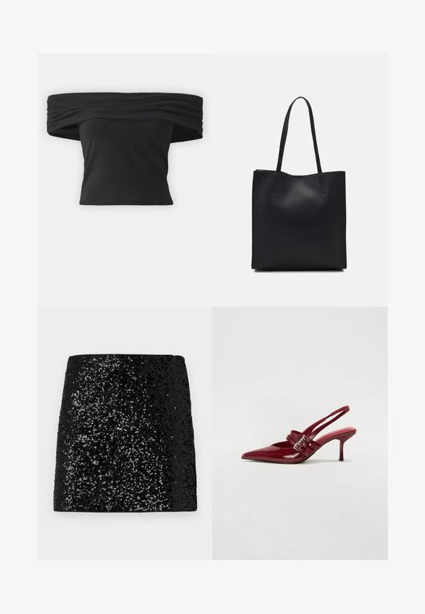 Top negru, cu umerii la vedere, cu textură adunată la gât, mâneci scurte și un design croppat, ajustat. Fabricat din material elastic.; Fustă neagră cu aplicații de paiete, având o suprafață texturată, cu un model gradient de la paiete dense la sparse, croială dreaptă și fără închideri vizibile.; Pantofi cu toc slingback din piele roșie lacuită, cu vârf ascutit, două curele cu cataramă și un toc subțire, de înălțime medie. Textură netedă.; Geantă tote neagră din piele, cu textură netedă, formă rectangulară și două mânere lungi. Fără hardware vizibil sau ornamente.