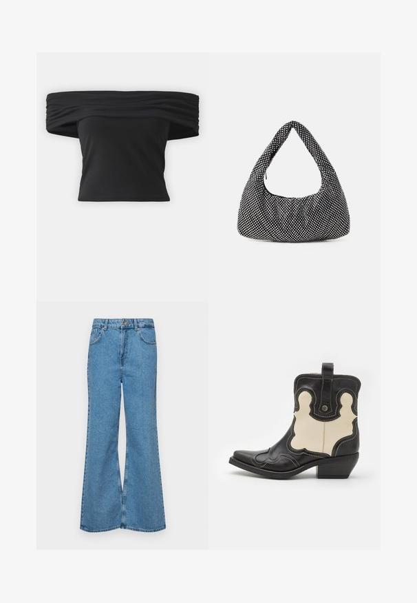Haut noir à épaules dénudées avec une texture froncée au col, manches courtes et design ajusté cropped. Fabriqué en matière extensible.; Jean flare bleu clair en denim, avec une taille haute, cinq poches et une fermeture à un bouton. Texture douce avec une finition décolorée.; Botte de cowboy en cuir noir et crème avec des coutures blanches, bout pointu, motifs courbés et un petit talon empilé. Sangle à l'arrière.; Sac noir avec une forme de hobo courbée, en tissu texturé avec des clous en argent. Poignée supérieure unique, fermeture zippée et silhouette douce.