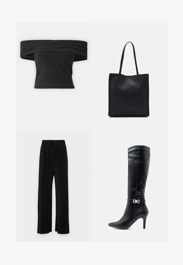 Fekete, vállon túl viselhető felső, a nyakrésznél redőzött textúrával, rövid ruhaujjakkal és fitted cropped fazonnal. Rugalmas anyagból készült.; Fekete pliszírozott nadrág gumis derekkal. Széles lábakkal rendelkezik, sima, texturált anyagból készült, függőleges csíkokkal.; Fekete bőr, térdig érő csizma, hegyes orral, magas stiletto sarokkal és dekoratív ezüst csattal a bokán.; Fekete bőrtáska sima felszínnel, téglalap alakú, két hosszú füllel. Nincs látható fémkiegészítő vagy díszítés.