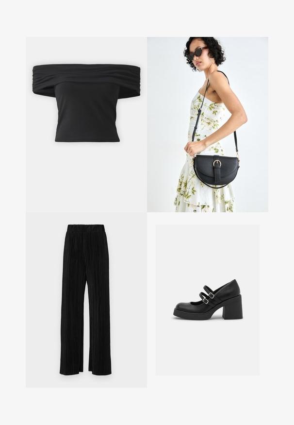 Schwarzes Off-Shoulder-Oberteil mit geraffter Textur am Ausschnitt, kurzen Ärmeln und einem figurnahen, cropped Design. Hergestellt aus dehnbarem Material.; Schwarze plissierte Hose mit elastischem Bund. Verfügt über weite Hosenbeine und einen glatten, strukturierten Stoff mit vertikalen Streifen.; Call it Spring MONROE - Plateaupumps - black smooth; Schwarze Lederhandtasche mit geschwungener Form, abnehmbarem Tragegurt und goldenen Beschlägen. Die Tasche verfügt über einen Deckel mit einer Schnallen-Details.