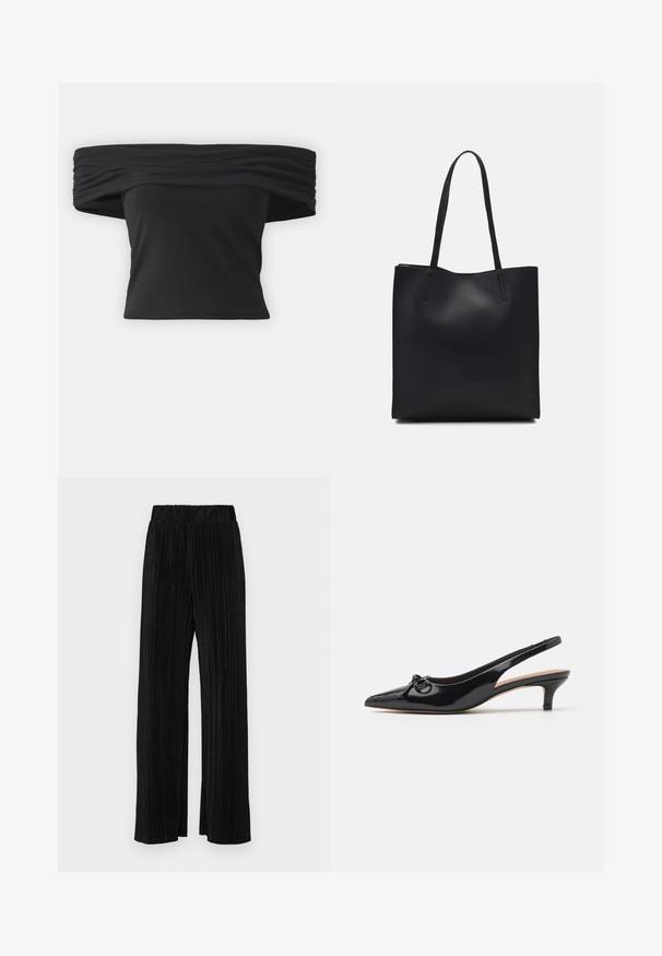 Čierny top s odhalenými ramenami, so zhlukovanou textúrou na výstrihu, krátkymi rukávmi a priliehavým skráteným strihom. Vyrobený z elastického materiálu.; Čierne plisované nohavice s elastickým pásom. Majú široké nohavice a hladkú, textúrovanú látku s vertikálnymi pruhmi.; Čierna lakovaná slingback obuv s špicatou špičkou, malým opätkom a ozdobnou mašľou na nártovej časti. Celkový hladký povrch.; Čierna kožená taška na rameno s hladkým povrchom, obdĺžnikovým tvarom a dvoma dlhými uchami. Bez viditeľného kovania alebo ozdôb.