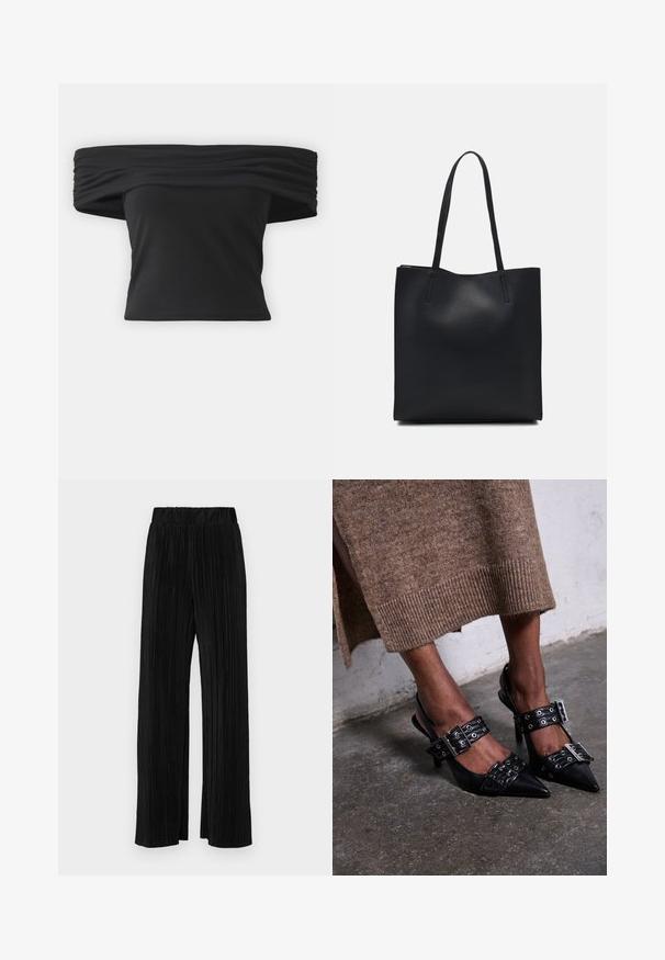 Black off-the-shoulder top with gathered texture at the neckline, short sleeves, and a fitted cropped design. Made from stretchy material.; Black pleated trousers with an elastic waistband. Features wide legs and a smooth, textured fabric with vertical stripes.; Black pointed-toe heels with slingshot design, featuring buckle accents and grommet details. Textured black leather with a glossy finish.; Black leather tote bag with smooth texture, rectangular shape, and two long handles. No visible hardware or embellishments.
