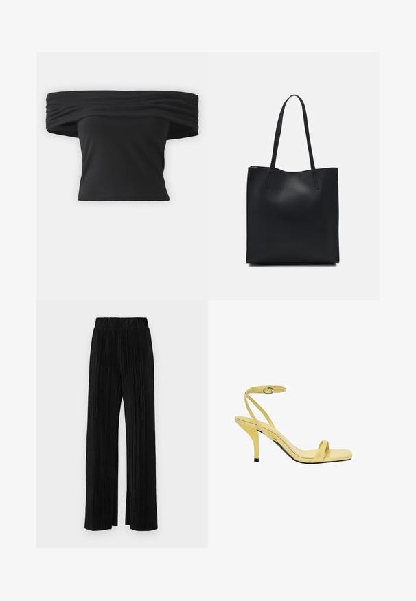 Fekete, vállon túl viselhető felső, a nyakrésznél redőzött textúrával, rövid ruhaujjakkal és fitted cropped fazonnal. Rugalmas anyagból készült.; Fekete pliszírozott nadrág gumis derekkal. Széles lábakkal rendelkezik, sima, texturált anyagból készült, függőleges csíkokkal.; Sárga bőrből készült, magas sarkú szandál, négyzet formájú orral, vékony bokapánttal és fényes felülettel, fekete sarokkal kiemelve.; Fekete bőrtáska sima felszínnel, téglalap alakú, két hosszú füllel. Nincs látható fémkiegészítő vagy díszítés.