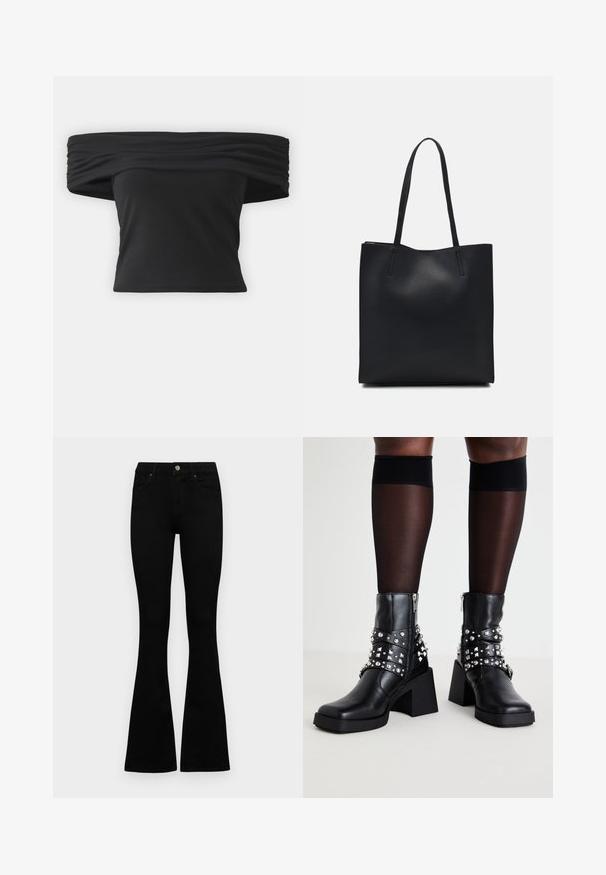 Mustikam ja õlavarrelt avatud pluus, millel on kortsunud tekstuur kaelaäärtes, lühikesed varrukad ja käänuline lühike disain. Valmistatud paindlikust materjalist.; Mustad kõrge vöökohtadega teksad, millel on nööp ja lukuga sulgemine, esikäe taskud ja laienevad sääred, asetatud tasasele valgele taustale.; Mustad musta värvi baleriinid, millel on jõulised kandmisel toetavad kontsad, hõbedased nupukesed ja rihmad. Nad on valmistatud nahast ja neil on sile tekstuur ning lukuga sulgemine.; Mustast nahast kott sujuva tekstuuriga, ristkülikukujuline ja kahe pika sangaga. Pole nähtavat riistvara ega kaunistusi.