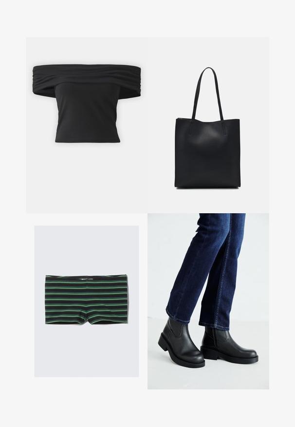 Černý top bez ramínek s nařasenou texturou v oblasti výstřihu, krátkými rukávy a fitted cropped designem. Vyrobeno z elastického materiálu.; Černé plavecké šortky s horizontálními zelenými pruhy. Mají těsný střih a elastický pas. Jsou vyrobeny z pružného, hladkého materiálu.; Černé kožené kotníkové boty s robustní podrážkou a elastickými bočními panely, v kombinaci s tmavomodrými džíny. Půda je světlé barvy.; Černá kožená taška přes rameno s hladkým povrchem, obdélníkovým tvarem a dvěma dlouhými uchy. Žádné viditelné kování ani ozdoby.