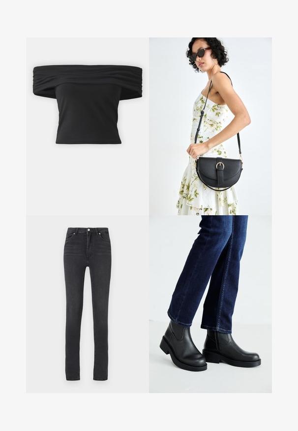 Črna majica brez naramnic z nabranim tekstilom okoli izreza, kratkimi rokavi in prilegajočim krojem do pasu. Narejena iz raztegljivega materiala.; Črne skinny jeans hlače z visokim pasom, narejene iz elastičnega denima, z obročki za pas, minimalnim šivanjem in klasičnim petim žepnim dizajnom.; Črne usnjene gležnjarje z debelim podplatom in stranskimi elastičnimi paneli, v kombinaciji s temno modrimi kavbojkami. Tla so svetle barve.; Črna usnjena torbica s ukrivljeno obliko, z odstranljivo naramnico in zlatimi dodatki. Torbica ima pokrov s podrobnostmi v obliki zaponke.