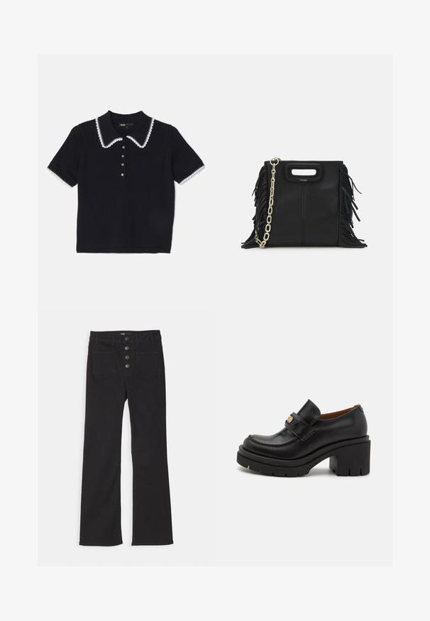 Schwarzes Strick-Polohemd mit einem weißen gewellten Kragen und Besatz, kurzen Ärmeln und einer Knopfleiste mit sechs Knöpfen. Strukturierter Stoff.; Schwarze, ausgestellt geschnittene Jeans aus Denim mit hoher Taille, fünf Taschen und einem frontalen Knopfverschluss mit vier Metallknöpfen.; Schwarze Lederloafers haben eine hohe, klobige Plateausohle mit einer strukturierten Sohle. Sie verfügen über ein gesticktes Design und eine golden-farbene Akzentuierung am Riemen.; Schwarze Lederhandtasche mit Fransen-Details, goldener Ketten-Schulterriemen und einem ausgeschnittenen Griff. Mit Logoplatzierung auf der Vorderseite.; Goldtonige Ohrringe mit mehreren kaskadierenden Ketten, verziert mit klaren ovalen Strasssteinen und dekorativen Ohrsteckern.