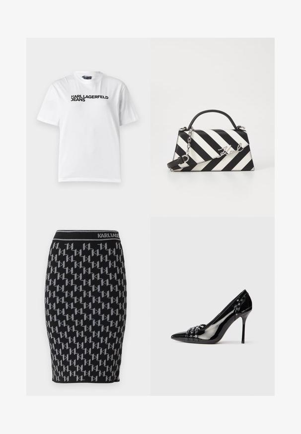 Bijela pamučna majica s okruglim izrezom, kratkim rukavima i crnim ispisanim tekstom "KARL LAGERFELD JEANS" na prsima.; Crna pletena olovka suknja s ponavljajućim sivim uzorkom "KL" i crnim pojasom s nazivom brenda "KARL LAGERFELD."; Crne lakirane štikle s visokom potpeticom i špicastim vrhom, tri dekorativne trake sa zakovicama i "Karl Lagerfeld" brendiranjem na peti.; Crno-bijela prugasta torba s čvrstim oblikom, koja ima ručku na vrhu, odvojivu lančanu naramenicu i metalni logo akcent.