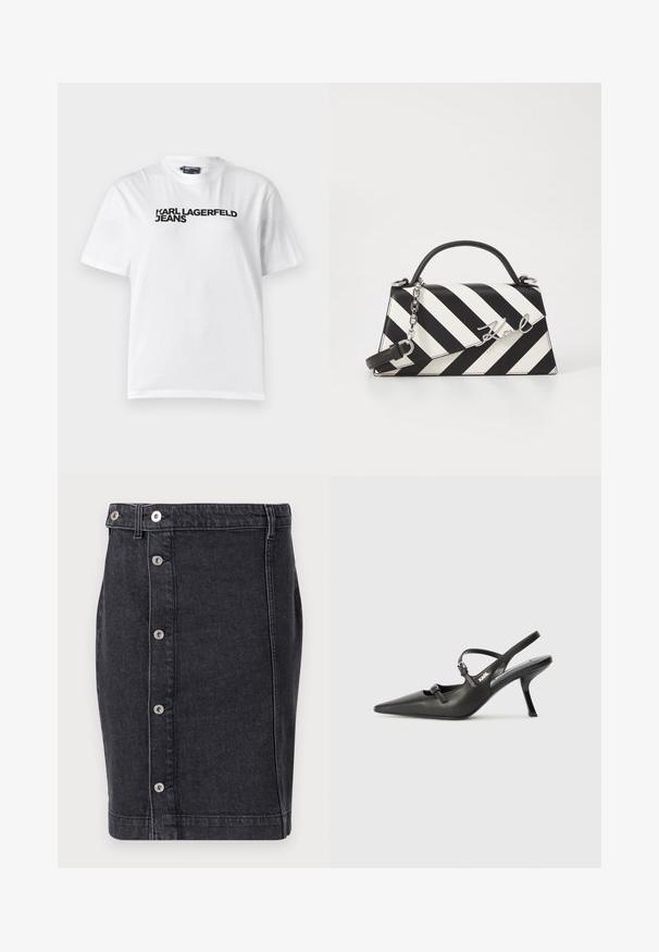 Λευκό βαμβακερό t-shirt με στρογγυλή λαιμόκοψη, κοντά μανίκια και μαύρο εκτυπωμένο κείμενο που λέει "KARL LAGERFELD JEANS" στο στήθος.; Σκούρα τζιν φούστα με ευθεία γραμμή, ασημένια κουμπιά με κούμπωμα κατά μήκος του μπροστινού μέρους και διακριτές ραφές κατά μήκος των ραφών.; Μαύρες δερμάτινες γόβες slingback με μυτερή μύτη, λεπτό τακούνι και διακοσμητική αγκράφα στο επάνω μέρος. Λείος υφής και κομψός σχεδιασμός.; Μαύρη και λευκή ριγέ τσάντα χειρός με δομημένο σχήμα, που διαθέτει επάνω λαβή, αποσπώμενη αλυσίδα και μεταλλικό λογότυπο.