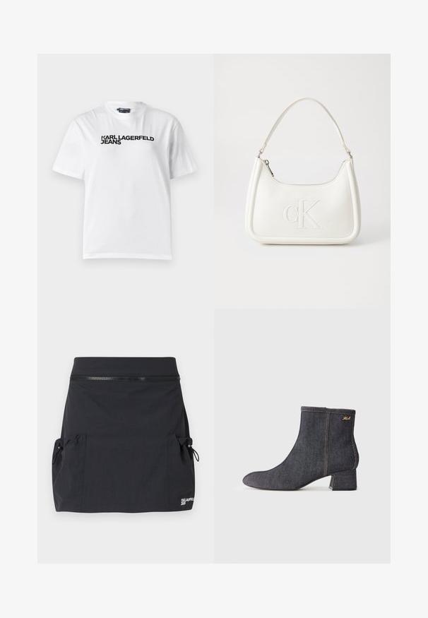 Vit bomullströja med rund halsringning, korta ärmar och svart tryckt text som läser "KARL LAGERFELD JEANS" över bröstet.; Svart denimkjol med en åtsittande midja, två sidofickor med dragningssnören och en logotypdetalj vid fållen. Slät textur.; Mörk denim ankelsko med spetsig tå, blockklack, synlig sömnad och en diskret logotyp på sidan. Slät textur.; Vit läderhandväska med en böjd form, som har en präglad "CK"-logotyp på framsidan och ett enda axelband. Dragkedjestängning upptill.