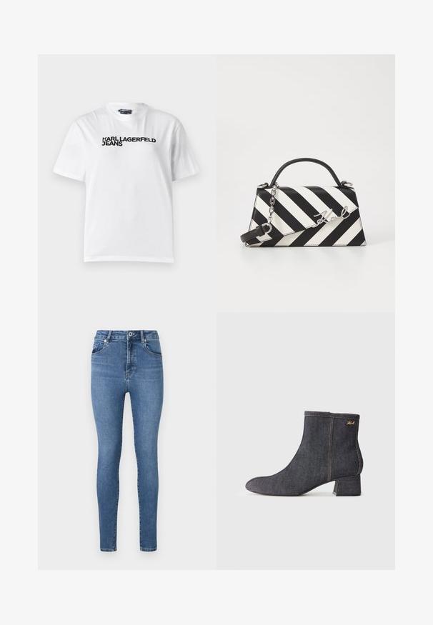Fehér pamut póló kerek nyakkivágással, rövid ujjakkal, és fekete nyomtatott szöveggel, amely a "KARL LAGERFELD JEANS" feliratot tartalmazza a mellkasnál.; Közepes kék farmer skinny farmernadrág, magas derékkal, öt zsebes kialakítással és diszkrét varrással a zsebeken és varratokon.; Sötét farmer anyagú boka csizma, hegyes orral, tömb sarkal, látható varrással és diszkrét márkalogóval az oldalon. Simább textúrával.; Fekete-fehér csíkos kézitáska, strukturált formával, felső fogantyúval, leválasztható lánc pánttal és fémes logóval.