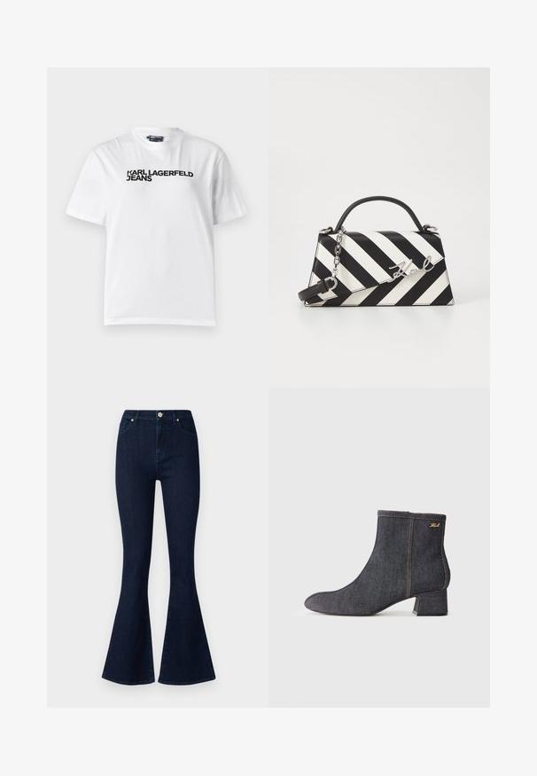Camiseta de algodón blanca con cuello redondo, mangas cortas y texto impreso en negro que dice "KARL LAGERFELD JEANS" en el pecho.; Jeans acampanados de color azul oscuro en tela de denim, con una cintura alta, cinco bolsillos y detalles de costura sutiles a lo largo de las costuras y el dobladillo.; Botín de mezclilla oscura hasta el tobillo con puntera afilada, tacón en bloque, costuras visibles y un sutil logo de la marca en el costado. Textura suave.; Bolso de mano a rayas en blanco y negro con una forma estructurada, que cuenta con un asa superior, una correa de cadena desmontable y un acento de logo metálico.