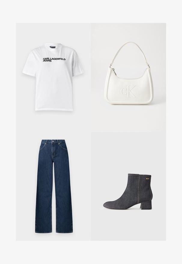 Bijela pamučna majica s okruglim izrezom, kratkim rukavima i crnim ispisanim tekstom "KARL LAGERFELD JEANS" na prsima.; Traperice širokih nogavica od tamnog trapera. Imaju klasični dizajn s pet džepova, zatvaranje na kopču i suptilno izblijedjivanje na koljenima.; Tamni traperi čizmi do članaka s šiljatim vrhom, blok-petom, vidljivim šavovima i suptilnim logotipom s strane. Glatka tekstura.; Bijela kožna torba s zakrivljenim oblikom, koja na prednjoj strani ima utisnut logotip "CK" i jedan remen za nošenje preko ramena. Zatvaranje na munju na vrhu.