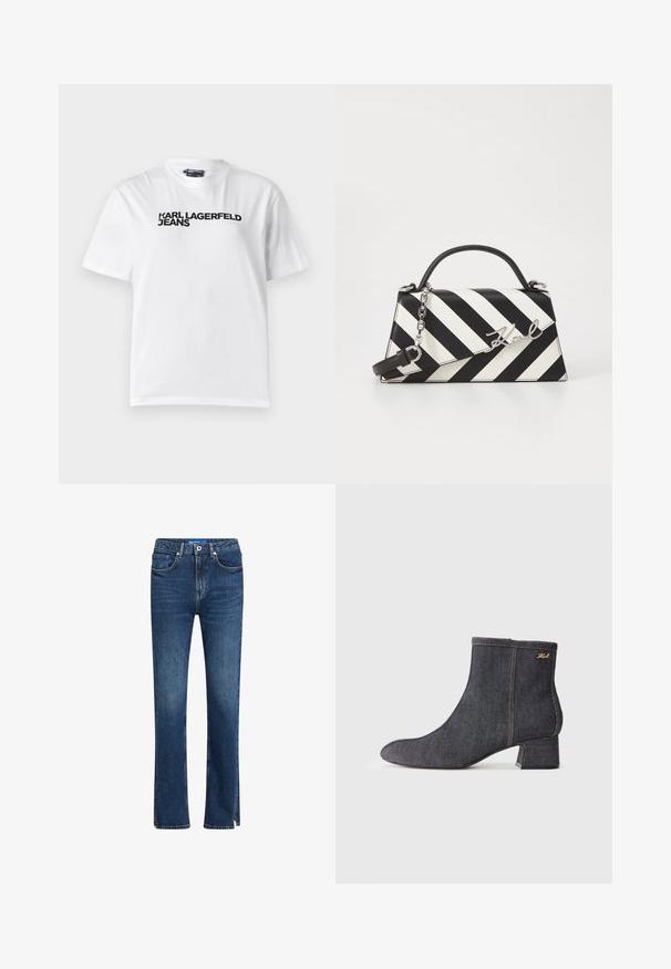 Baltas kokvilnas T-krekls ar apaļu izgriezumu, īsām piedurknēm un melnu tekstu "KARL LAGERFELD JEANS", kas drukāts uz krūšu daļas.; Zilās denima bikses ar taisnu kāju griezumu, piecām kabatām, kontrastējošām ieliktēm un sānu šķēlumiem apakšmalā papildu detaļām.; Tumši denima potītes zābaki ar norādītu pirkstu, bloku papēdi, redzamām šuvēm un subtilu zīmola logo sānos. Gluda tekstūra.; Melnām un baltām svītrām rotāta rokassoma ar strukturētu formu, ar augšējo rokturi, noņemamu ķēdes siksnu un metāla logotipa akcentu.