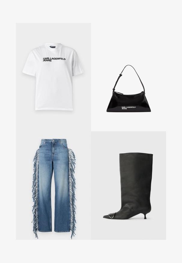 Vit bomullströja med rund halsringning, korta ärmar och svart tryckt text som läser "KARL LAGERFELD JEANS" över bröstet.; Ljusblå denimjeans med vida ben och fransdetaljer längs sidorna, med knäppning fram och klassisk femfickdesign.; Svart läder ankelstövel med spetsig tå, liten klack och metallisk accentdetalj på tån. Slät, matt yta över hela skon.; Svart lackläderhandväska med triangulär form, featuring en överstängning med dragkedja och justerbar rem. Logotyp "KARL LAGERFELD JEANS" i silver.