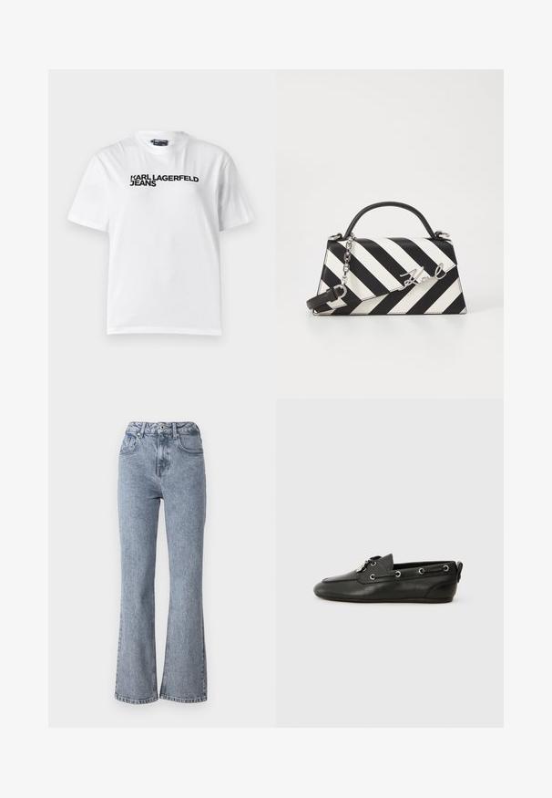 Bela bombažna majica s krojem pri vratu, kratkimi rokavi in črnimi tiskanimi besedami "KARL LAGERFELD JEANS" čez prsa.; Široke svetlo modre kavbojke iz denima, z visokim pasom, sprednjimi žepi in klasičnim petim žepom ter rahlimi madeži. ; Črne usnjene čolnarske čevlje z zaobljenim prstom, zavezovanjem spredaj, kovinskimi očesci in ravnim podplatom. Imajo majhen trak na zadnji strani.; Črna in bela črtasta torbica z obliko s strukturirano obliko, s top ročajem, odstranljivo verižico in kovinskim logotipom.