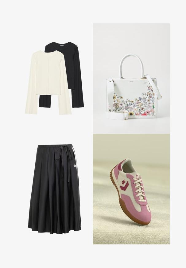 Conjunto de dos camisetas de manga larga en blanco y negro. Textura acanalada, cuello redondo, diseño ajustado con mangas ligeramente acampanadas.; Falda midi negra con cintura elástica, lazo lateral, rayas blancas y logo de trébol de Adidas en el lado derecho.; Zapatilla rosa y blanca con suela de goma texturizada. Presenta un logo de estrella y acentos en contraste. Parte superior suave con detalles de cordones.; Bolso de mano de imitación cuero blanco con diseño de estampado floral en la parte inferior, dos asas superiores y una correa de hombro ajustable.; Collar negro de múltiples hebras que presenta cuerdas entrelazadas y acentos en tono dorado, creando un diseño en capas con longitudes y texturas variadas.