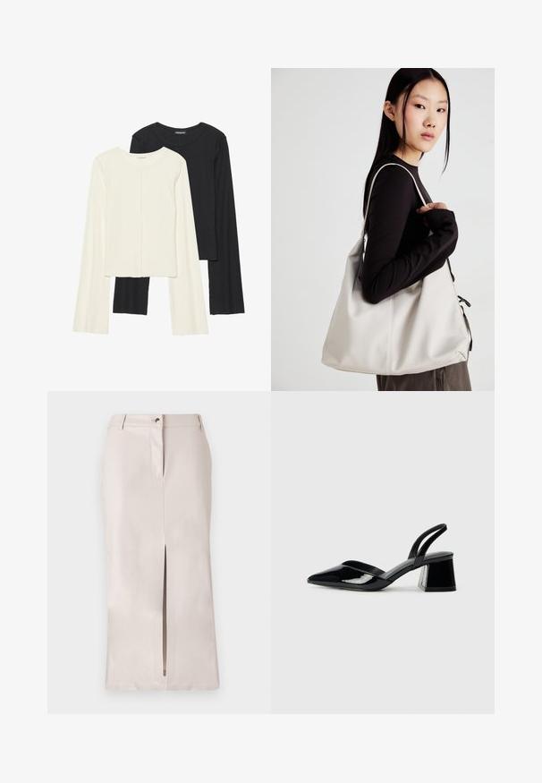 Két darabból álló hosszú ujjú felsők szettje fehér és fekete színben. Bordás textúra, kerek nyakkivágás, testhez simuló fazon, enyhén bővülő ujjakkal.; Beige szatén midi szoknya elöl hasítékkal, derékrésszel, gombos záródással és oldalsó zsebekkel. Simább textúra és szabott fazon.; Fekete lakk bőr szandálkés magas sarkú cipő, hegyes orral és geometrikus tömbsarkakkal. Karcsú, minimalista dizájn és sima textúra jellemzi.; Puha anyagból készült bézs kézitáska, laza dizájnnal, varrott részletekkel és két vállpánttal. Mindennapi használatra alkalmas.