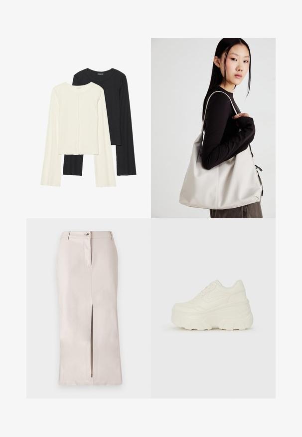 Set de două bluze cu mâneci lungi, una albă și una neagră. Textură ribbată, decolteu rotund, design ajustat cu mâneci ușor evazate.; Minge midi din satin bej cu o fanta frontală, având un talie, închidere cu nasturi și buzunare laterale. Textură netedă și croială ajustată.; Adidași platformă albi, cu un superior neted asemănător cu pielea, formă rotunjită, guler căptușit și talpă din cauciuc texturată cu borduri bine definite.; Geantă bej din material moale, cu un design lejer, detalii cusute și două bretele pentru umăr. Potrivită pentru utilizarea zilnică.