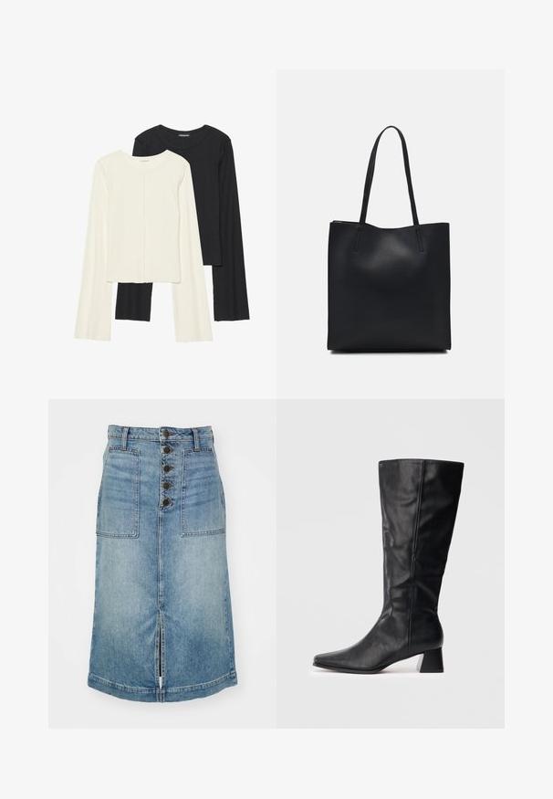 Set med två långärmade toppar i vitt och svart. Ribbade texturer, rund hals, figurnära design med något utställda ärmar.; Jeanskjol i ljusblått med en framklippt slits, fem knappar och två framfickor. Har hög midja och sömdetaljer.; Svart läderstövel till mitten av vaden med spetsig tå och klack i blockform, mot en enkel ljus bakgrund.; Svart lädertoffelväska med slät textur, rektangulär form och två långa handtag. Ingen synlig hårdvara eller dekorationer.