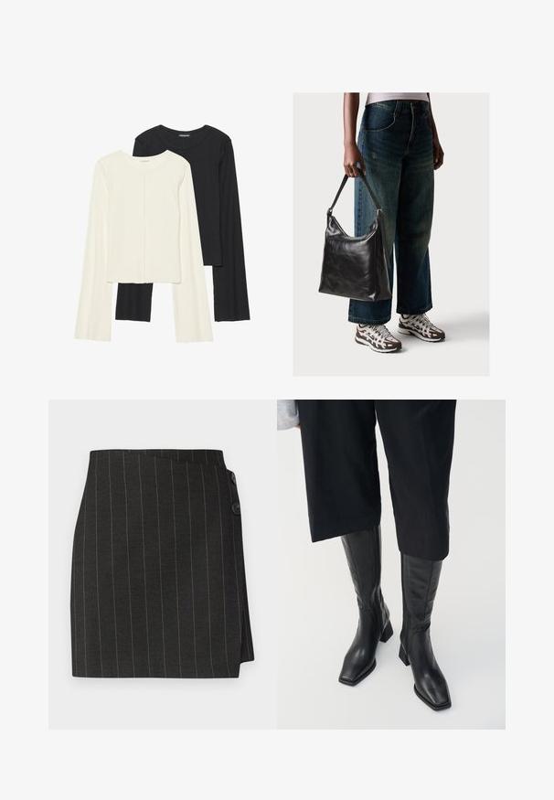 Conjunto de duas blusas de manga longa em branco e preto. Textura canelada, decote redondo, design ajustado com mangas ligeiramente evasê.; Saia preta com riscas verticais, com um corte ajustado, apresentando um design de envolvência assimétrica e dois botões na cintura para fecho.; Botas de couro pretas até ao joelho com biqueira quadrada e salto bloco. Apresentam um fecho de correr lateral e uma textura suave.; Bolsa de ombro em couro preto com textura suave e alça ajustável, combinada com jeans de perna larga desbotados e ténis desportivos.