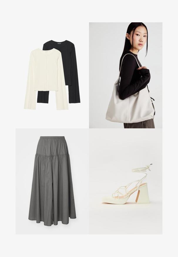 Nabor dveh dolgih rokavov v beli in črni barvi. Žameten vzorec, okrogla ovratnica, prilegajoča zasnova z rahlo razširjenimi rokavi.; Weekday SKIRT - Dolgo krilo - dark mole; Bela sandala na visokih petah s debelim petam, ki ima obliko trakcev in vezanje okoli gležnja. Gladka tekstura z platformo spredaj za dodatno višino.; Bežna torbica iz mehkega materiala, z ohlapno zasnovo, šivi in dvema naramnicama. Primerna za vsakodnevno uporabo.