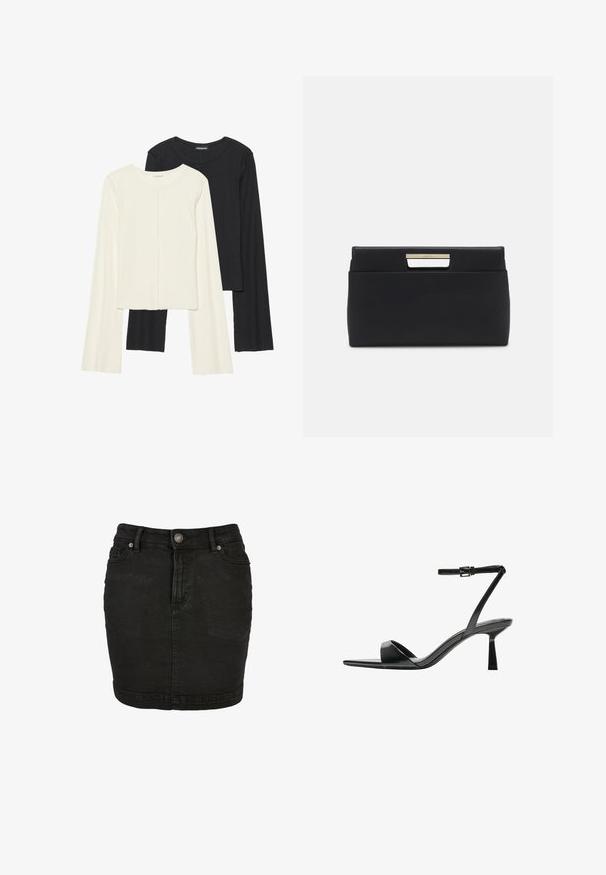 Set di due maglie a maniche lunghe, bianche e nere. Texture a coste, scollo tondo, design aderente con maniche leggermente svasate.; Gonna di jeans nera con taglio dritto, design a cinque tasche, chiusura frontale con bottoni e leggera scoloritura per un aspetto strutturato.; Bershka Sandali con tacco - black; Clutch in pelle nera con forma rettangolare. Presenta una chiusura con un accento in metallo, una texture liscia e un design minimalista.