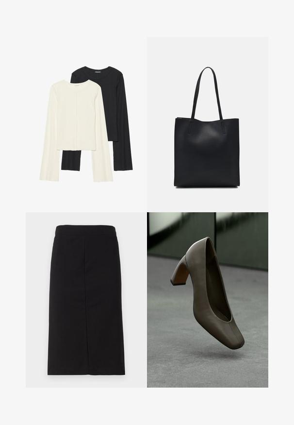 Set de două bluze cu mâneci lungi, una albă și una neagră. Textură ribbată, decolteu rotund, design ajustat cu mâneci ușor evazate.; Fustă creion neagră, până la genunchi, confecționată dintr-un material moale, având un brâu neted și o siluetă dreaptă, fără embellishments vizibile.; Pantof cu toc înalt din piele de culoare verde măsliniu închis, cu vârf pătrat și toc drept, plutind deasupra unei podele din beton gri, cu un fundal verde neclar.; Geantă tote neagră din piele, cu textură netedă, formă rectangulară și două mânere lungi. Fără hardware vizibil sau ornamente.