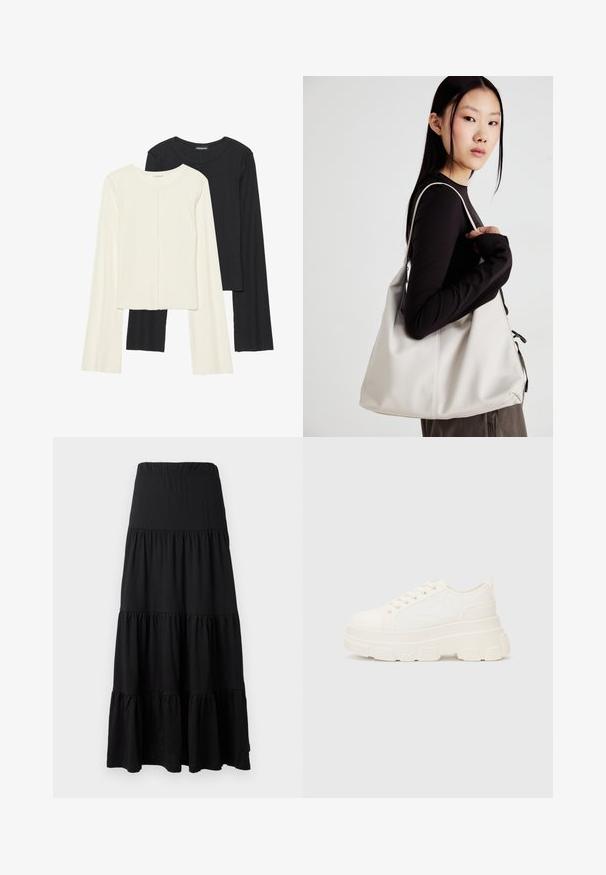 Ensemble de deux hauts à manches longues en blanc et noir. Texture côtelée, col rond, design ajusté avec des manches légèrement évasées.; Jupe maxi noire en tissu doux, avec un design à étages, une taille élastique et des accents volants à l'ourlet.; Baskets blanches en toile avec une semelle épaisse, bout arrondi et cinq œillets pour les lacets. Onglet arrière pour un enfilage facile. Texture lisse, design minimaliste.; Sac à main beige en matériau souple, avec un design décontracté, des détails cousus et deux poignées. Idéal pour un usage quotidien.