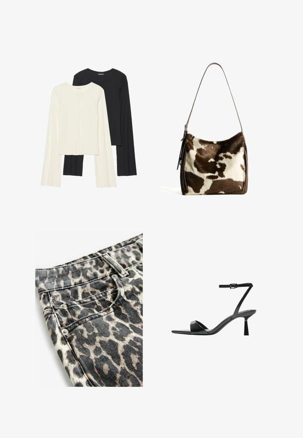 Kaksi pitkähihainen puseroa valkoisena ja mustana. Varren neulos, pyöreä kaulus, tiukka malli, jossa on hieman levenevät hihat.; Farkut, joissa on eläinkuositti, beige ja musta kuosi, valmistettu denimmateriaalista, jossa on teksturoitu pinta, yksityiskohtina hopeiset metalliosat ja ompelu.; Bershka Korolliset sandaalit - black; Ruskea ja kerma cowhide-olkalaukku, jossa on sileä nahkahihna, vetoketju ja pehmeä, teksturoitu pinta, jossa on luonnollinen kuvio.