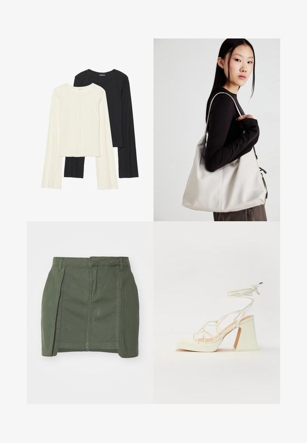 Sett med to langermede topper i hvit og svart. Ribbete tekstur, rund hals, tettsittende design med lett utsvingte ermer.; Kaki grønn denimskjørt med en tettsittende fasong, fremre folder og en ren avslutning. Har beltehemper og to sidelommer.; Hvit høyhælte sandal med kraftig hæl, med en stroppe-design og ankelbånd. Glatt tekstur med plattform foran for ekstra høyde.; Beige håndveske laget av mykt materiale, med en slapp design, sydd detaljer og to skulderstropper. Passer for daglig bruk.