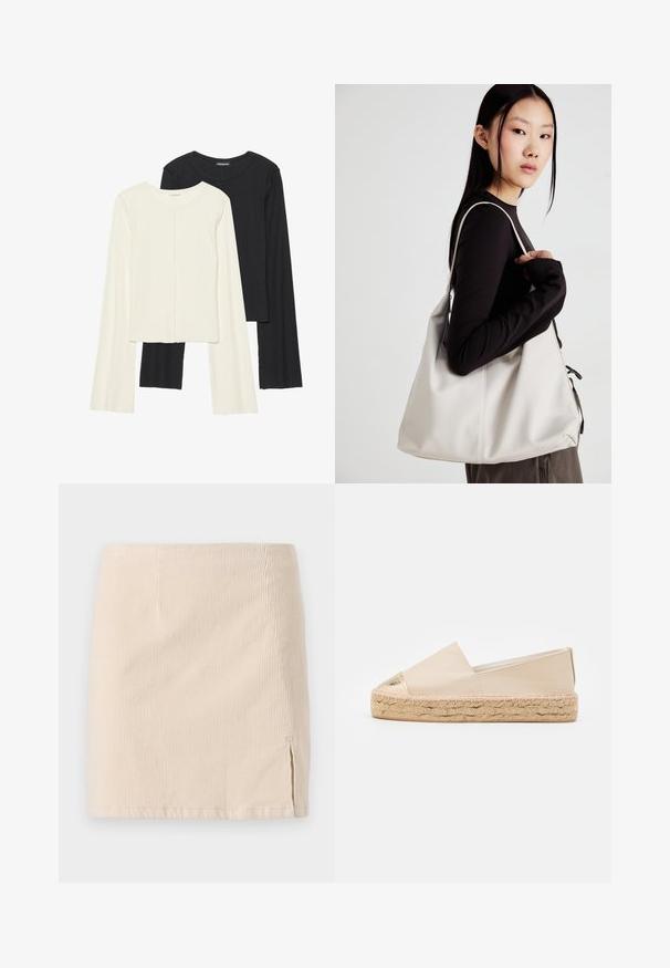 Két darabból álló hosszú ujjú felsők szettje fehér és fekete színben. Bordás textúra, kerek nyakkivágás, testhez simuló fazon, enyhén bővülő ujjakkal.; Beige kordbársony mini szoknya függőleges bordázott textúrával, oldalsó hasítékkal a részletgazdagság érdekében. A szoknya alja egyenes és egyenletesen varrott.; Beige espadrilles fémes arany orral és szőtt juta talppal. Simaságú bőrből készült felsőrész, lapos sziluettel és cipőfűző nélküli dizájnnal.; Puha anyagból készült bézs kézitáska, laza dizájnnal, varrott részletekkel és két vállpánttal. Mindennapi használatra alkalmas.