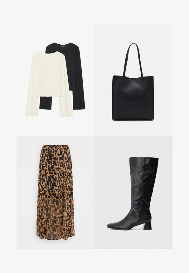 Conjunto de duas blusas de manga longa em branco e preto. Textura canelada, decote redondo, design ajustado com mangas ligeiramente evasê.; Saia maxi com padrão de leopardos em tons de castanho e preto, feita de um tecido leve com um design fluido e cintura elástica.; Bota de couro preta até ao meio da panturrilha, com bico apontado e salto quadrado, sobre um fundo claro liso.; Bolsa tote preta em couro com textura lisa, forma retangular e duas alças longas. Sem hardware ou enfeites visíveis.