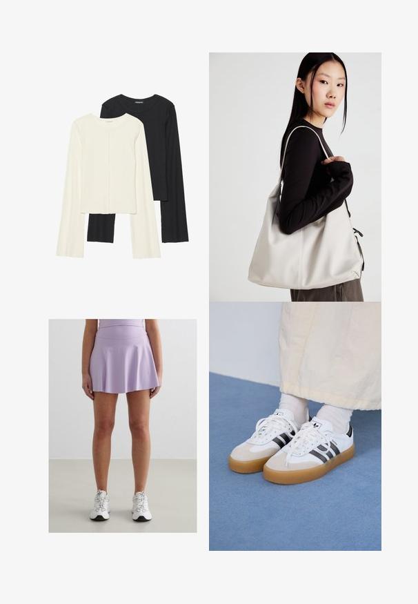 Ensemble de deux hauts à manches longues en blanc et noir. Texture côtelée, col rond, design ajusté avec des manches légèrement évasées.; Jupe de sport lilas avec un ourlet évasé, fabriquée à partir d'un tissu lisse et extensible. Accompagnée de baskets blanches avec des accents gris.; Baskets blanches avec des rayures noires et des accents en daim beige. Elles présentent une semelle en gomme texturée et des lacets plats blancs, portées avec des chaussettes claires.; Sac à main beige en matériau souple, avec un design décontracté, des détails cousus et deux poignées. Idéal pour un usage quotidien.