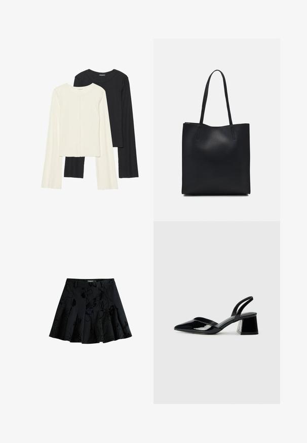Zestaw dwóch bluzek z długim rękawem w kolorze białym i czarnym. Prążkowana struktura, okrągły dekolt, dopasowany fason z lekko rozszerzanymi rękawami.; Czarna plisowana spódnica z kwiatowym wzorem, wykonana z teksturowanej tkaniny. Posiada pasek w talii oraz ukryty zamek błyskawiczny.; Czarne lakierowane półbuty na obcasie z wydłużonym noskiem i geometrycznym słupkiem. Charakteryzują się eleganckim, minimalistycznym designem oraz gładką fakturą.; Czarna skórzana torba tote o gładkiej fakturze, prostokątnym kształcie i dwóch długich uchwytach. Brak widocznych elementów metalowych i ozdób.