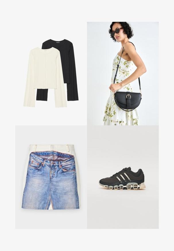 Set of two long-sleeve tops in white and black. Ribbed texture, round neck, fitted design with slightly flared sleeves.; Short denim skirt design with a printed blue jeans pattern, featuring a white waistband, orange stitching, and side slit details.; Black athletic shoe with a textured upper, three silver stripes, and a distinctive cushioning sole featuring multiple integrated sections.; Black leather handbag with a curved shape, detachable strap, and gold hardware. The bag features a flap with a buckle detail.