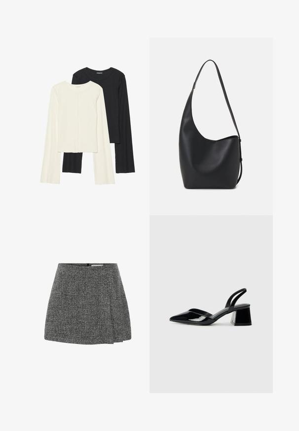 Divu garo piedurkņu tops komplekts baltā un melnā krāsā. Ribota tekstūra, apaļš kakls, pieguļoša dizaina ar nedaudz izplestām piedurknēm.; Pelēka līstošā svārku, izgatavota no teksturēta auduma ar nelielu rakstu. Iekļauj aizmugures rāvējslēdzēja aizdari un pieguļoša vidukļa dizainu.; Melna lakota āda ar atvērto papēdi, ar smailu purngalu un ģeometrisku blokpapēdi. Iezīmējas elegants, minimāls dizains un gluda tekstūra.; Melnas ādas hobo soma ar gludu tekstūru, izliekta forma un vienu regulējamu jostu; augšā ir plaša atvere.