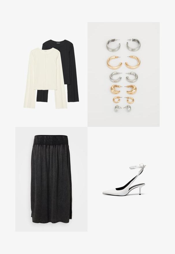 Két darabból álló hosszú ujjú felsők szettje fehér és fekete színben. Bordás textúra, kerek nyakkivágás, testhez simuló fazon, enyhén bővülő ujjakkal.; Fekete midi szoknya ráncolt derékkal, lágy anyagból készült, és folyékony kialakítású. Zsebek vagy díszítés nem látható.; Fehér, hegyes orrú, hátsó pánttal ellátott magassarkú cipők vékony boka pánttal. Finom bőrből készült, vékony tűsarkú, és fekete belső béléssel rendelkezik.; Nyolc fém fülbevalóból álló szett ezüst és arany tónusokban. Különböző karika stílusokat, textúrákat és felületeket tartalmaz, méret szerint elrendezve.