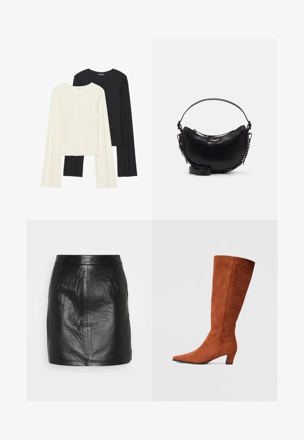 Két darabból álló hosszú ujjú felsők szettje fehér és fekete színben. Bordás textúra, kerek nyakkivágás, testhez simuló fazon, enyhén bővülő ujjakkal.; Fekete bőr mini szoknya sima textúrával, testhez simuló fazonnal, két oldalsó zsebbel és láthatatlan hardver nélküli derékkal.; Barna velúr, térd fölé érő csizma, hegyes orral és kis kocka sarkával, sima textúrával és minimalista dizájnnal.; Fekete krokodilbőr hatású kézitáska ívelt formával, levehető vállpánttal és egy elegáns fém díszítéssel az elején.