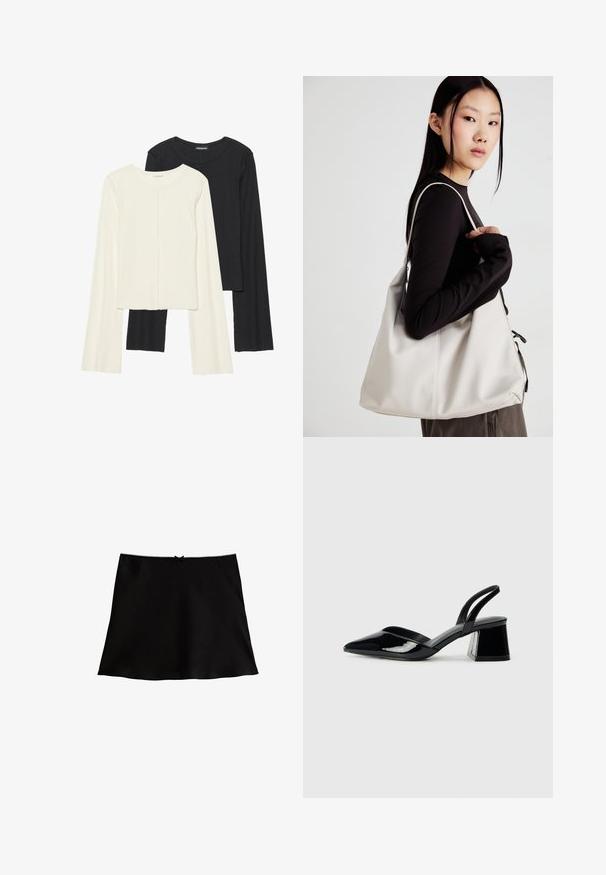 Conjunto de dos camisetas de manga larga en blanco y negro. Textura acanalada, cuello redondo, diseño ajustado con mangas ligeramente acampanadas.; Falda negra ajustada con una textura suave, que presenta un adorno de encaje a lo largo de la cintura y un pequeño lazo en el centro.; Zapatos de tacón slingback de charol negro con punta afilada y tacón geométrico en bloque. Presentan un diseño elegante y minimalista, así como una textura suave.; Bolso de mano beige hecho de material suave, con un diseño holgado, detalles cosidos y dos asas. Adecuado para uso diario.