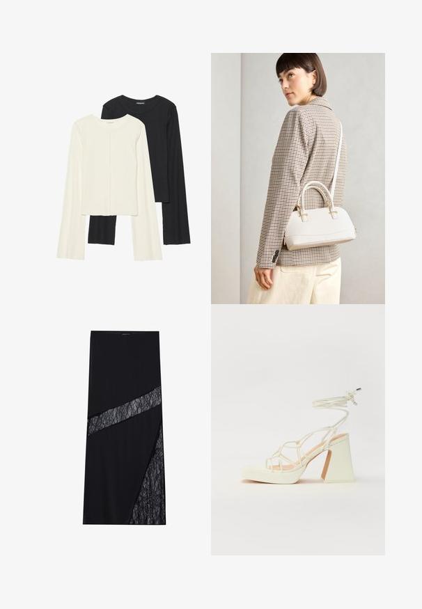 Set di due maglie a maniche lunghe, bianche e nere. Texture a coste, scollo tondo, design aderente con maniche leggermente svasate.; Even&Odd Gonna lunga - black; Sandalo bianco con tacco alto, caratterizzato da un design a cinturini e un legaccio alla caviglia. Texture liscia con una piattaforma frontale per un'altezza aggiuntiva.; Borsa a mano bianca strutturata con manici corti e tracolla, dotata di dettagli in metallo dorato e materiale testurizzato, esposta su uno sfondo grigio.